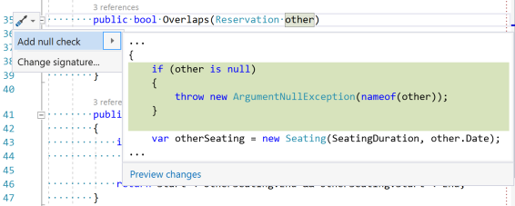 Screen shot of the 'Add null check' Quick Action. By default it'll add brackets around the throw statement.