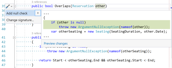Screen shot of the 'Add null check' Quick Action after the behaviour change. It no longer adds brackets around the throw statement.