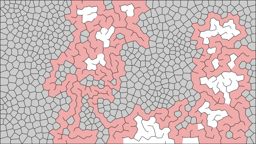 Recursive backtracker algorithm running on a Voronoi tessellation.