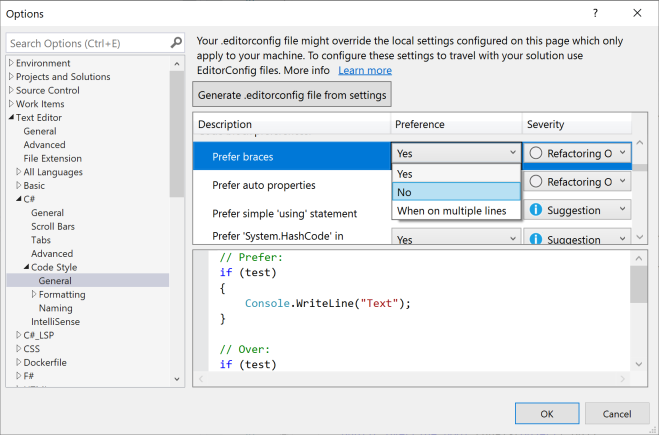 Screen shot of Visual Studio Options dialog box.
