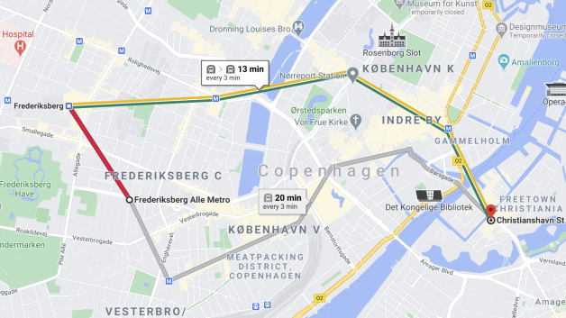 Snapshot of Copenhagen Metro route generated by Google Maps.
