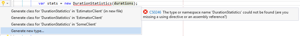 The DurationStatistics class isn't available, and Visual Studio can't even suggest pulling in the appropriate reference.
