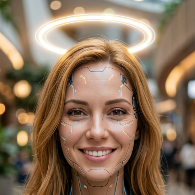 Portrait of a beautiful, friendly, smiling, female android with a glowing halo.