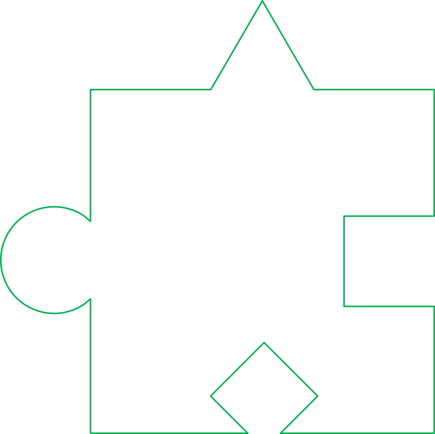 A jigsaw puzzle piece with four distinct tab and indentation shapes.